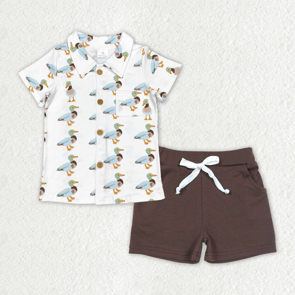 BSSO1183 Cute Mallard Duck Short Sleeve Brown Shorts Boys Set