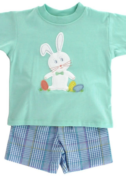 preorder BSSO1185 Easter Bunny Rabbit Egg Green Short Sleeve Striped Shorts Boys Set