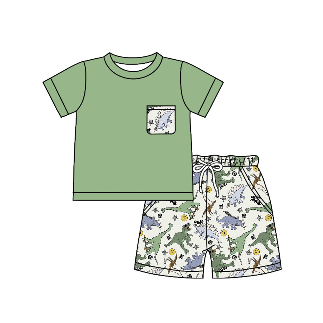 preorder BSSO1186 Cuet Dinosaur Green Pocket Short Sleeve Shorts Boys Set