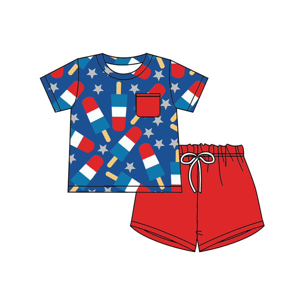 preorder BSSO1187 July 4th Ice Blue Pocket Short Sleeve Red Shorts Boys Set