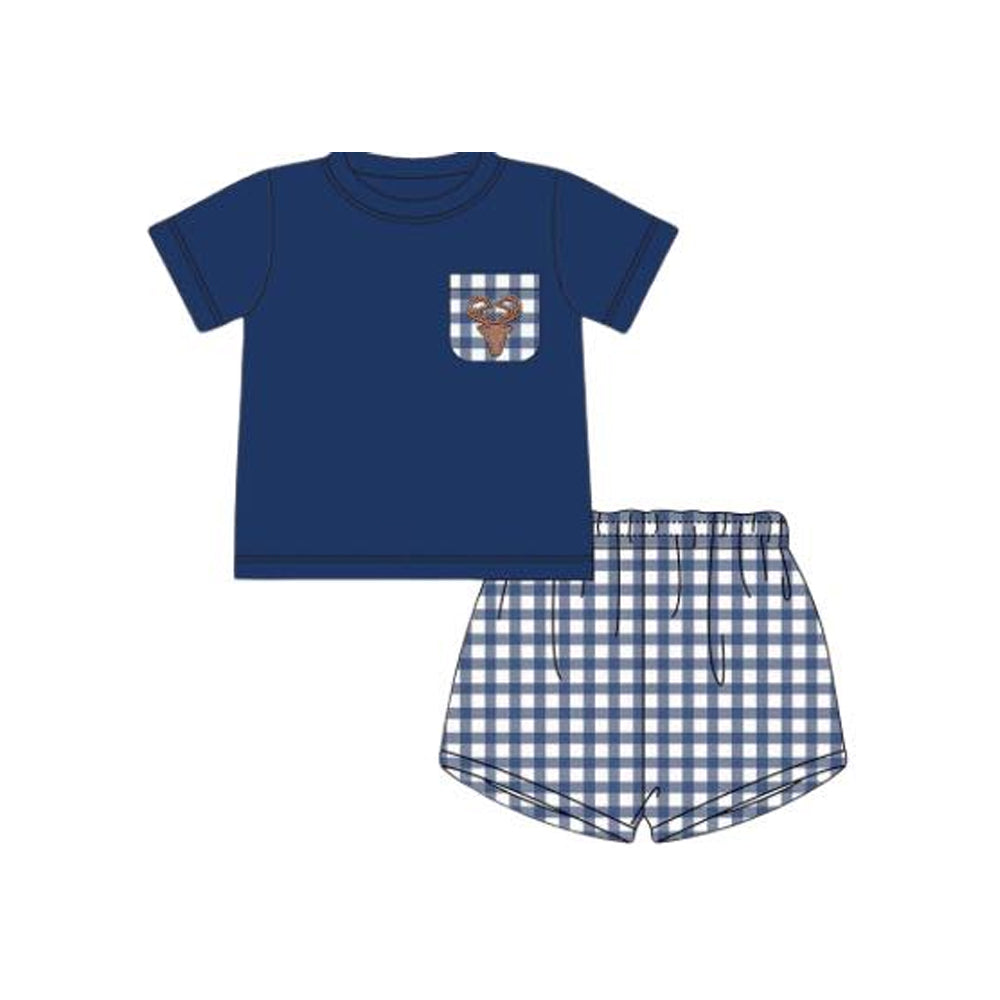 preorder BSSO1191 Hunting season deer navy blue pocket short sleeve checkered shorts boys set
