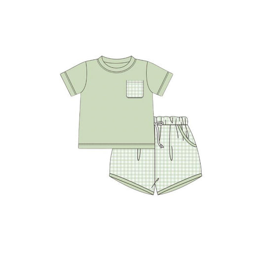preorder BSSO1192 light green pocket short sleeve checkered shorts boys set