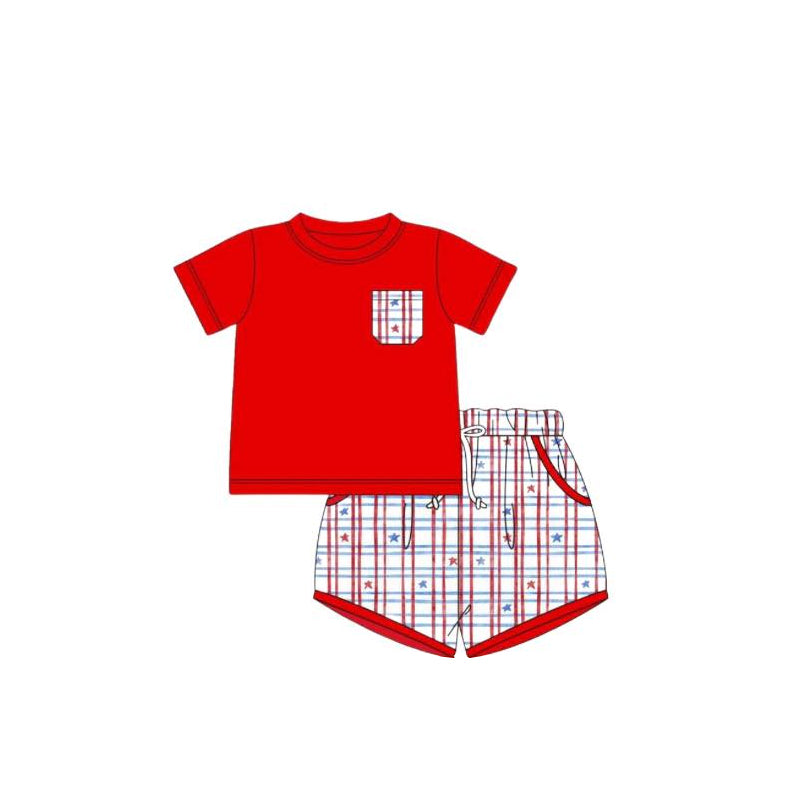preorder BSSO1194 July 4th star red pocket short sleeve red checkered shorts boys set