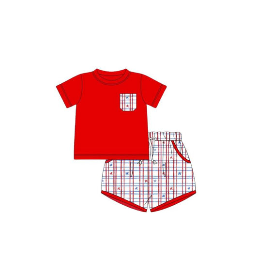preorder BSSO1194 July 4th star red pocket short sleeve red checkered shorts boys set