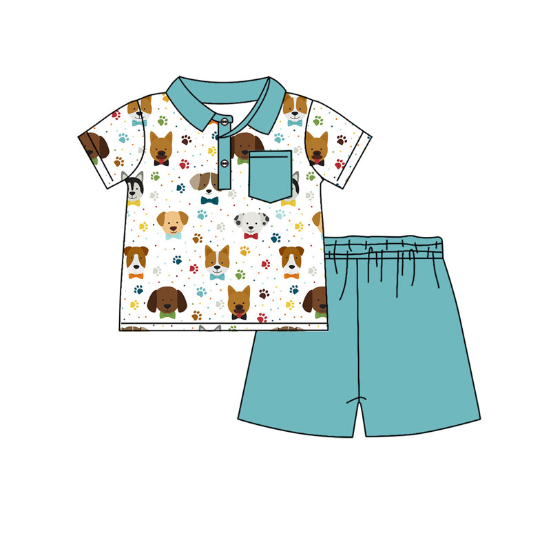 preorder BSSO1197 Cartoon Dogs Paw Pocket Short Sleeve Green Shorts Boys Set