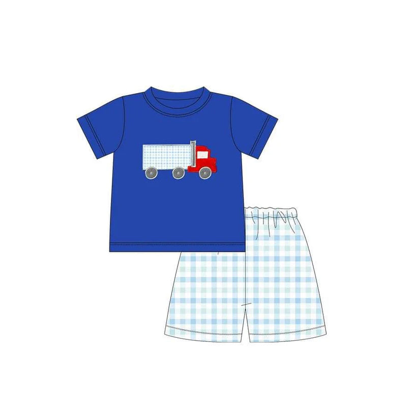 preorder BSSO1198 Cartoon Truck Navy Blue Short Sleeve Blue Checkered Shorts Boys Set