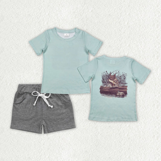 BSSO1199 Hunting Season Mallard Duck Dog Short Sleeve Grey Shorts Boys Set