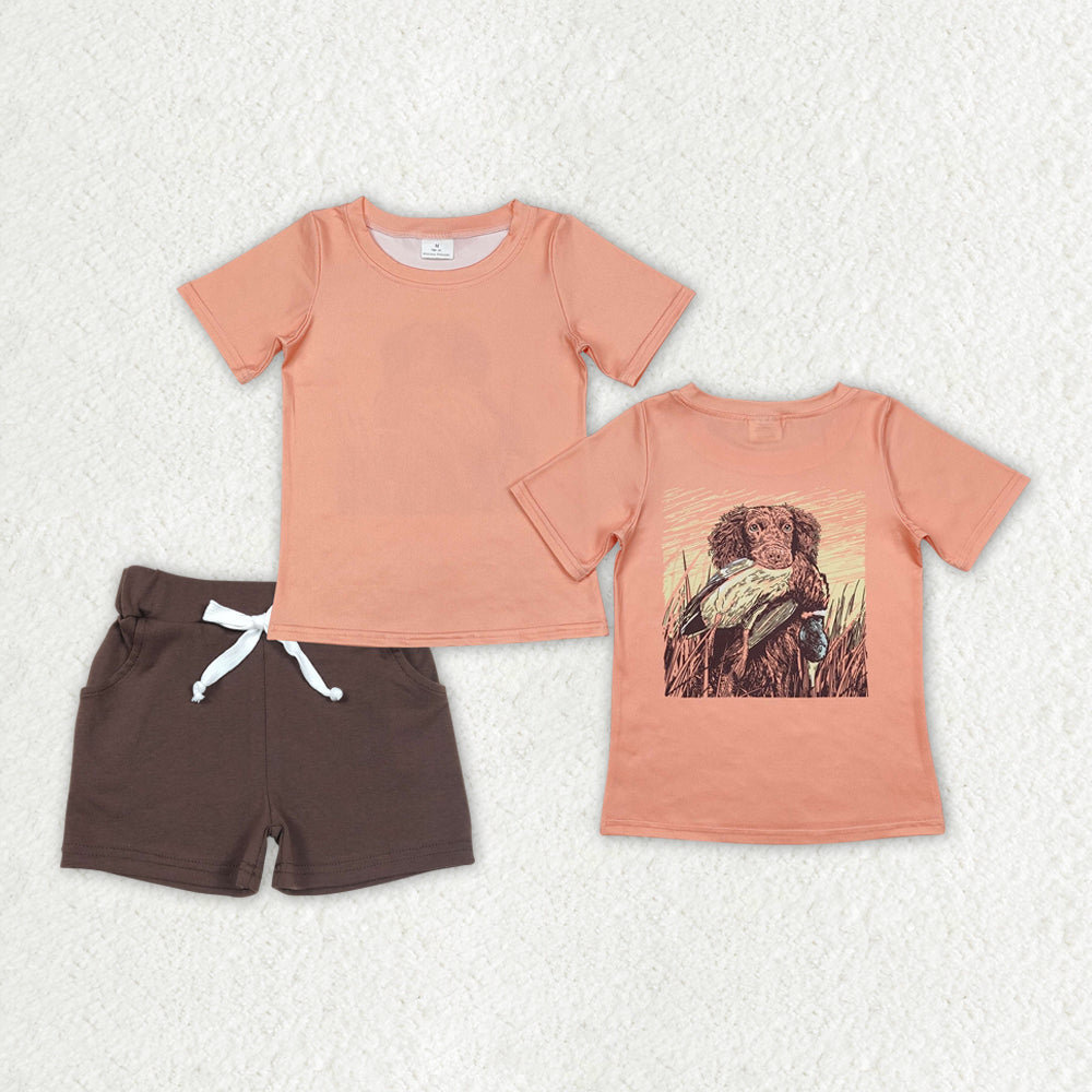 BSSO1202 Hunting Season Dog Mallard Orange Short Sleeve Brown Shorts Boys Set