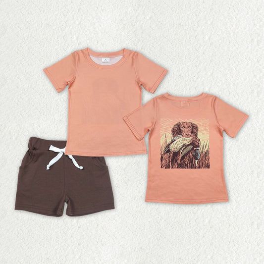 BSSO1202 Hunting Season Dog Mallard Orange Short Sleeve Brown Shorts Boys Set