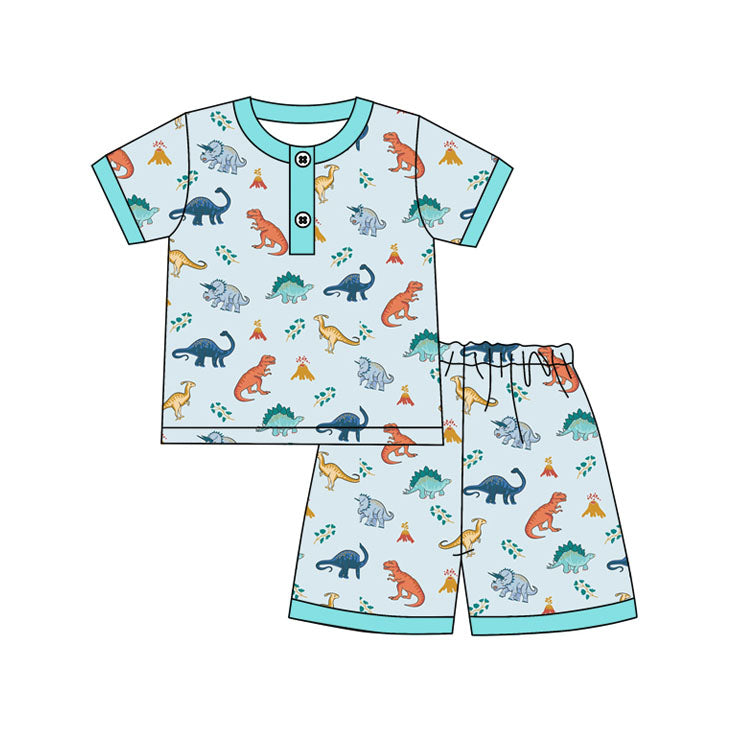 preorder BSSO1207 cute dinosaur teal short sleeve shorts boys pajamas