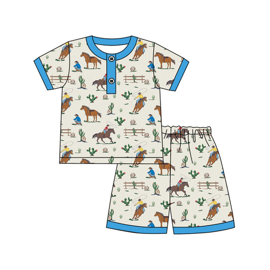 preorder BSSO1208 Western rodeo cactus blue short sleeve shorts boys pajamas