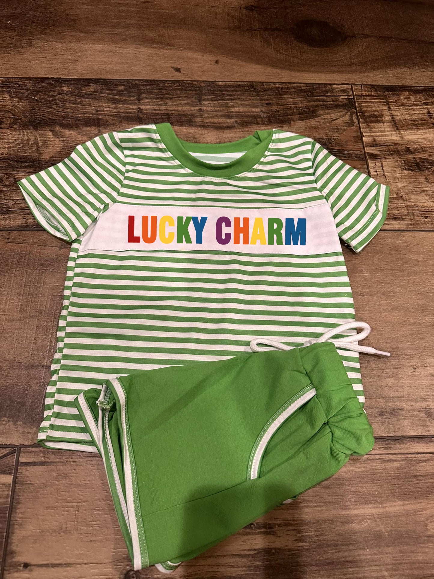 preorder BSSO1209 Lucky Charm Green Striped Short Sleeve Green Shorts Boys Set