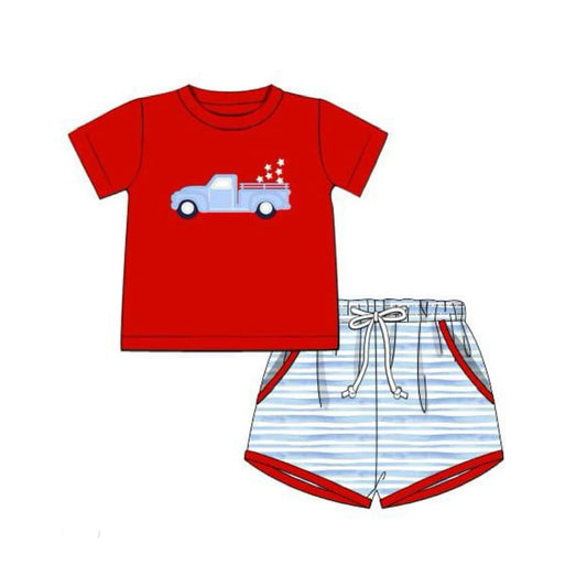 preorder BSSO1215 July 4th Star Truck Red Short Sleeve Blue Shorts Boys Set