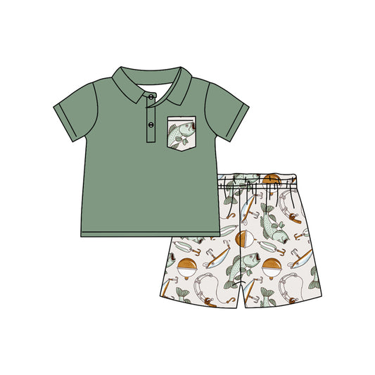 preorder BSSO1216 Fishing Green Pocket Short Sleeve Shorts Boys Set