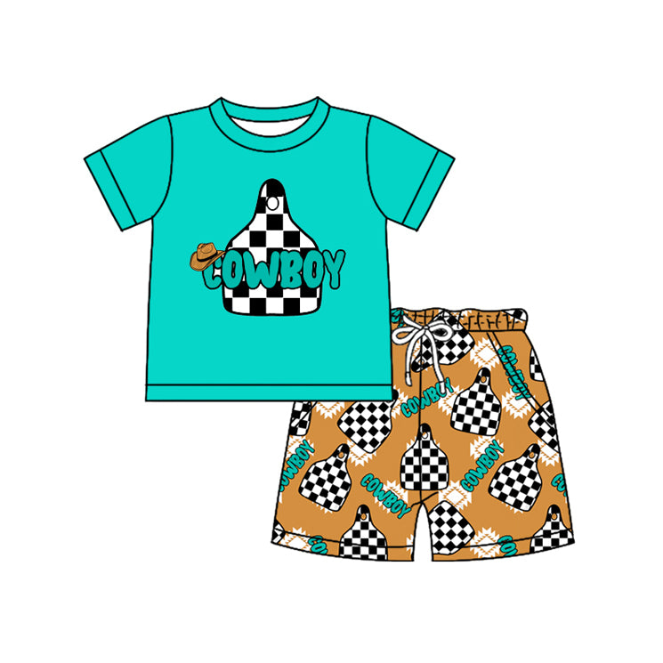 preorder BSSO1220 Western Cowboy Green Short Sleeve Aztec Checkered Shorts Boys Set