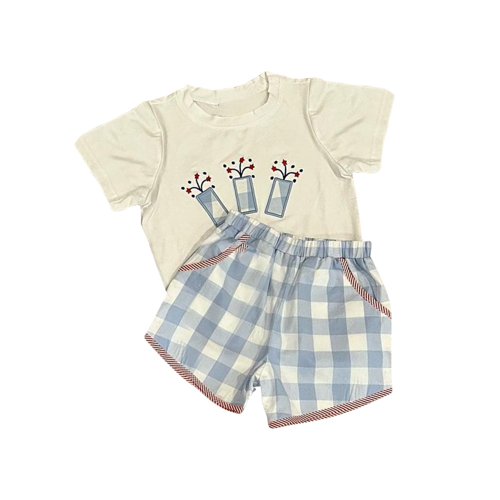 preorder BSSO1221 July 4th fireworks short sleeve blue checkered shorts boys set