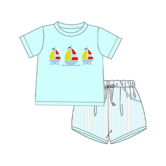 preorder BSSO1222 cute sailboat mint color short sleeve striped shorts boys set