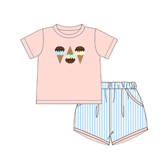 preorder BSSO1223 ice light pink short sleeve blue striped shorts boys set