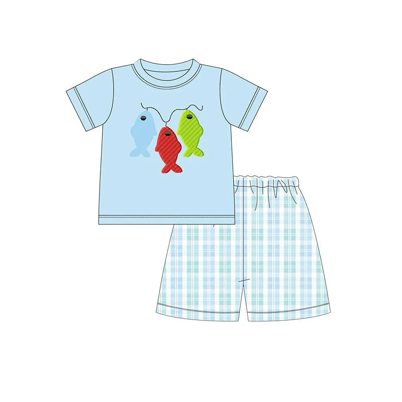 preorder BSSO1224 cute fishing blue short sleeve blue checkered shorts boys set