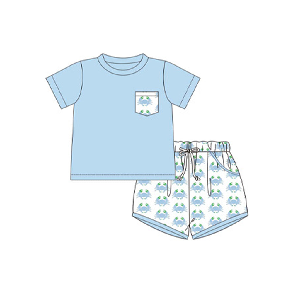 preorder BSSO1225 blue crab pocket short sleeve blue shorts boys set