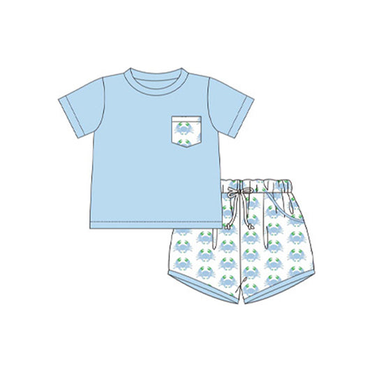 preorder BSSO1225 blue crab pocket short sleeve blue shorts boys set