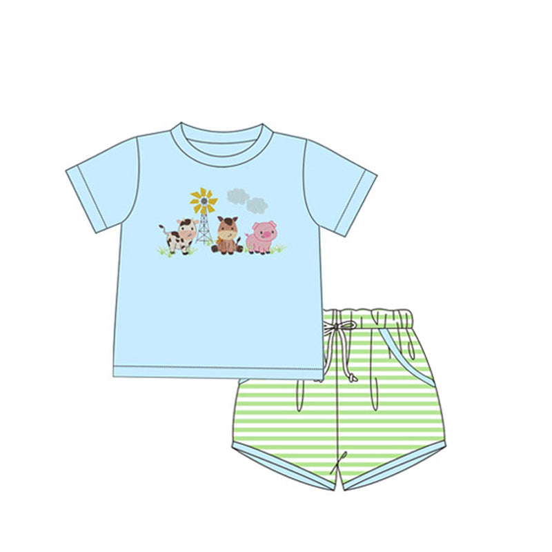 preorder BSSO1226 Farm cow pig horse blue short sleeve green striped shorts boys set