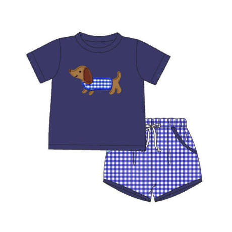 preorder BSSO1227 cute pet dog navy blue short sleeve checkered shorts boys set