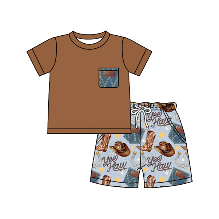 preorder BSSO1229 Western brown pocket short sleeve hat boot blue shorts boys set