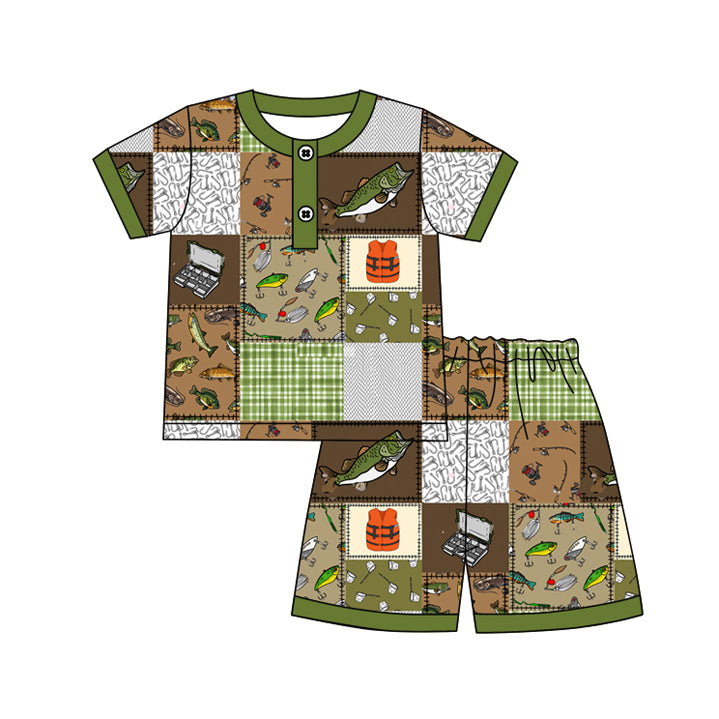 preorder BSSO1231 Hunting fishing green brown short sleeve shorts boys pajamas