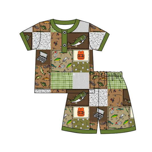 preorder BSSO1231 Hunting fishing green brown short sleeve shorts boys pajamas