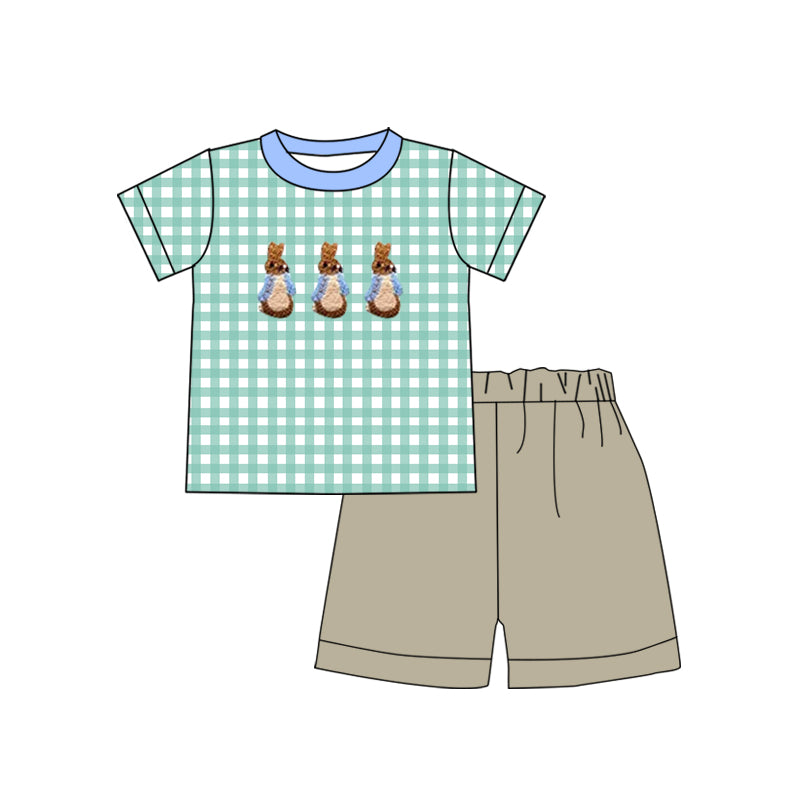 preorder BSSO1245 Easter bunny rabbit green checkered short sleeve grey shorts boys set