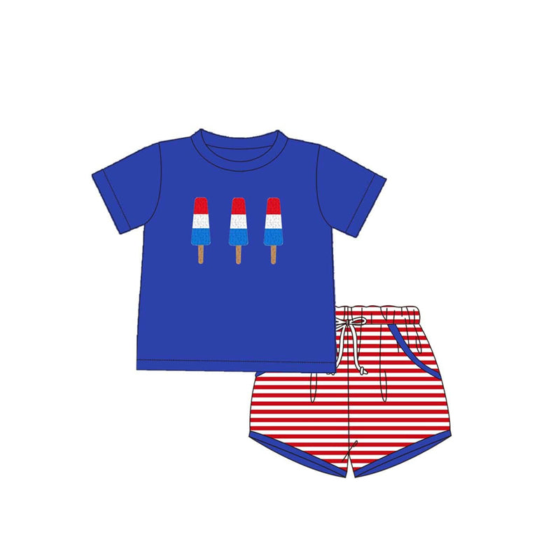 preorder GSSO1900 July 4th Flag Ice Blue Shorts Sleeve Red Striped Shorts Boys Set