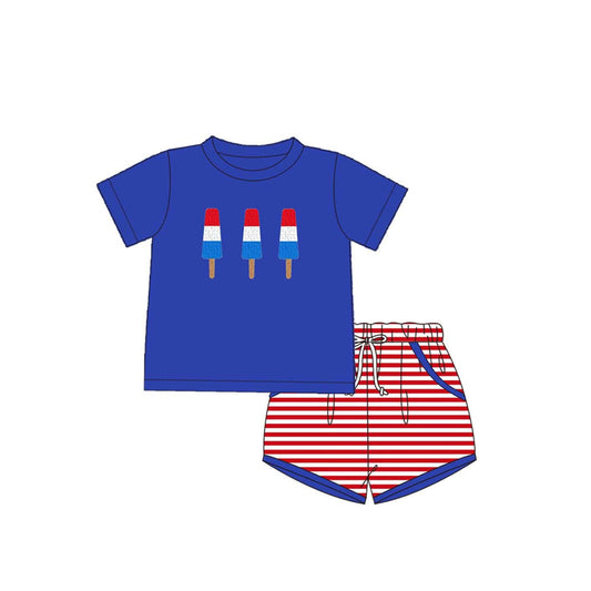 preorder GSSO1900 July 4th Flag Ice Blue Shorts Sleeve Red Striped Shorts Boys Set