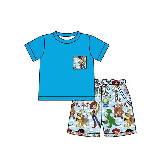 preorder BSSO1251 Cartoon Toy Pocket Blue Short Sleeve Dinosaur Shorts Boys Set