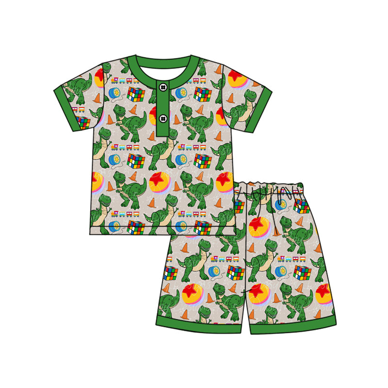 preorder BSSO1255 Cartoon Dinosaur Green Short Sleeve Shorts Boys Pajamas