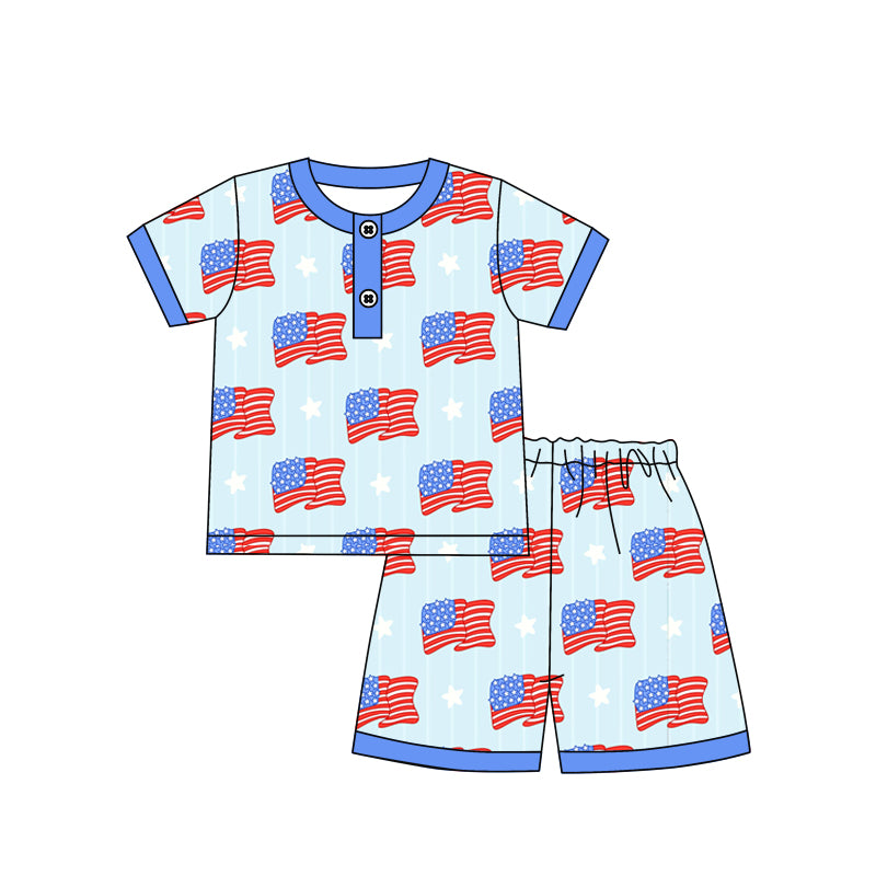 preorder BSSO1259 July 4th Flag Blue Short Sleeve Shorts Boys Pajamas