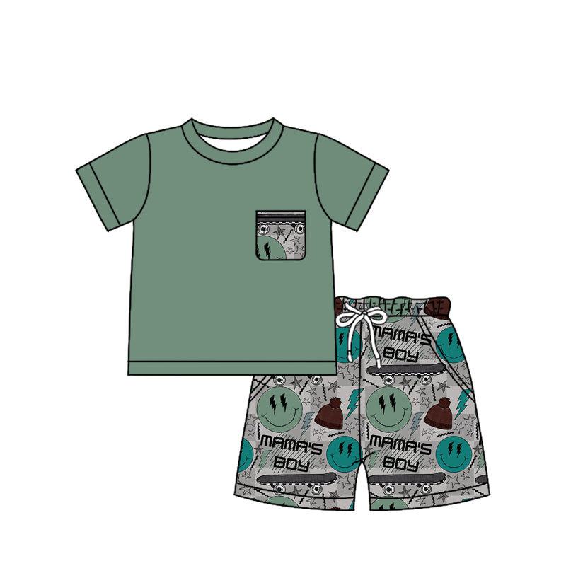 preorder BSSO1260 Mama's Boy Smile Green Pocket Short Sleeve Shorts Boys Set