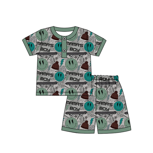 preorder BSSO1261 Mama's Boy Smile Green Short Sleeve Shorts Boys Pajamas