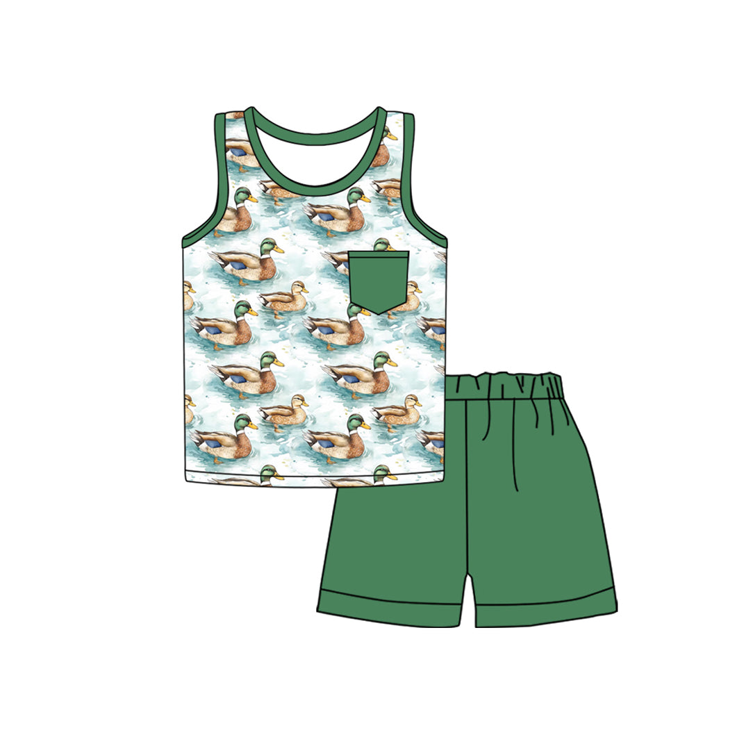 preorder BSSO1262 Hunting Mallard Duck Pocket sleeveless Green Shorts Boys Set