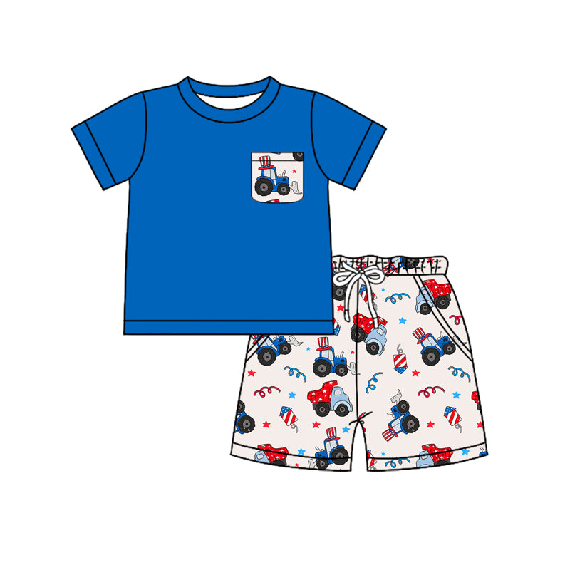 preorder BSSO1273 July 4th Construction Truck Blue Pocket Short Sleeve Shorts Boys Set
