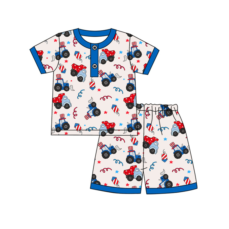 preorder BSSO1274 July 4th Construction Truck Blue Short Sleeve Shorts Boys Pajamas