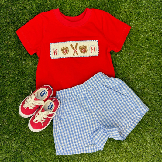 preorder BSSO1283 play baseball red short sleeve blue checkered shorts boys set