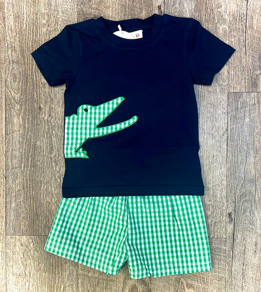 preorder BSSO1284 crocodile navy blue short sleeve green checkered boys set