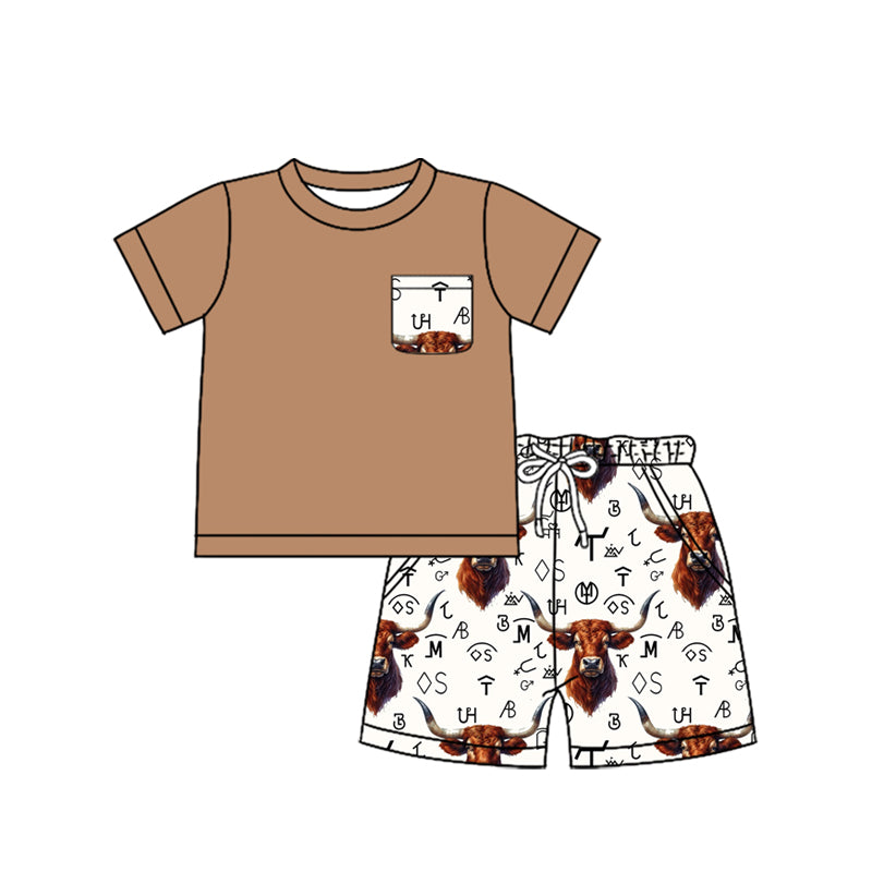 preorder BSSO1285 Western highland cow pocket browm short sleeve shorts boys set