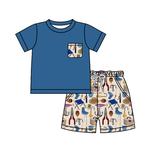 preorder BSSO1293 Hunting fishing navy blue pocket short sleeve shorts boys set