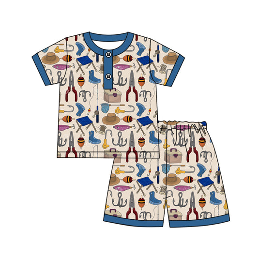 preorder BSSO1294 Hunting fishing navy blue short sleeve shorts boys pajamas