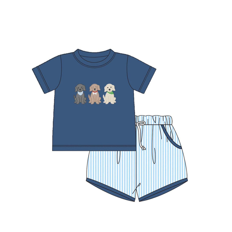 preorder BSSO1296 cute dog pet blue short sleeve blue striped shorts boys set