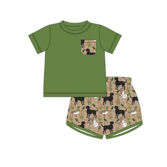 preorder BSSO1297 Hunting mallard duck dog pocket green short sleeve shorts boys set