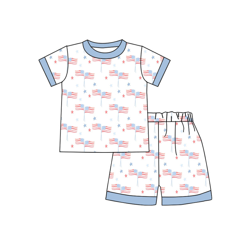 preorder BSSO1301 July 4th flag star blue short sleeve shorts boys set
