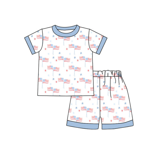 preorder BSSO1301 July 4th flag star blue short sleeve shorts boys set
